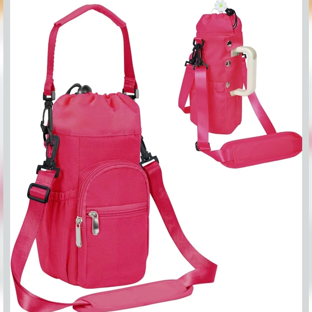 Pink Drawstring Crossbody Bottle Bag